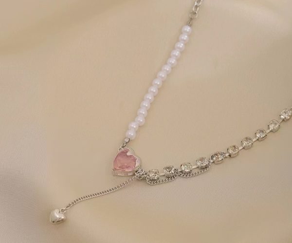 AiviGirl Asymmetrical Sterling Silver Necklace with Freshwater Pearls, Cubic Zirconia, and Pink Crystal Heart