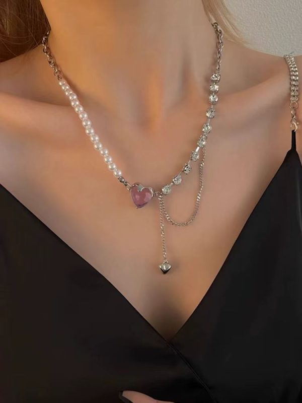 AiviGirl Asymmetrical Sterling Silver Necklace with Freshwater Pearls, Cubic Zirconia, and Pink Crystal Heart - Image 2